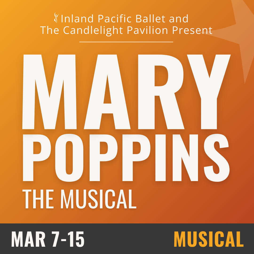 yellow and orange gradient background with white text that reads Mary Poppins the Musical