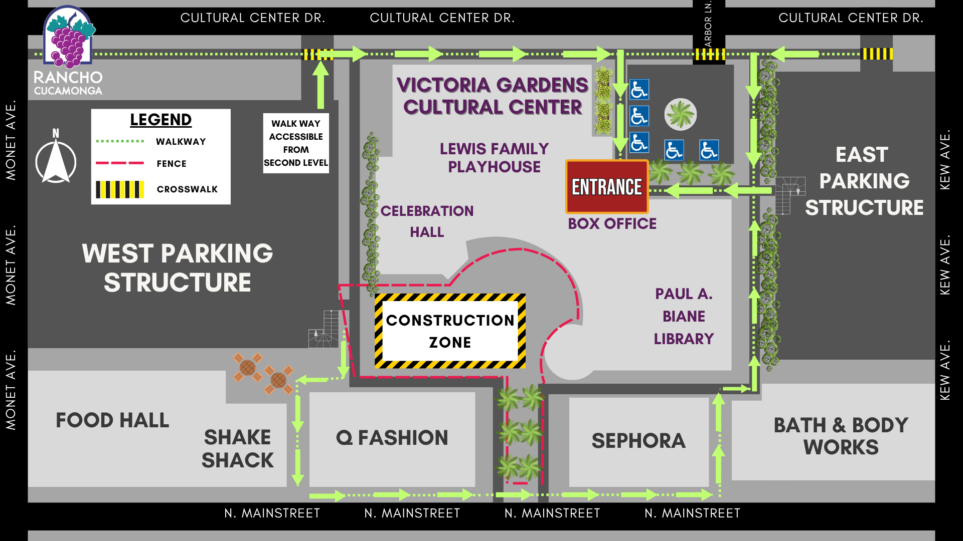 A map of Victoria Gardens mall that shows walking paths around the construction the the Lewis Family Playhouse