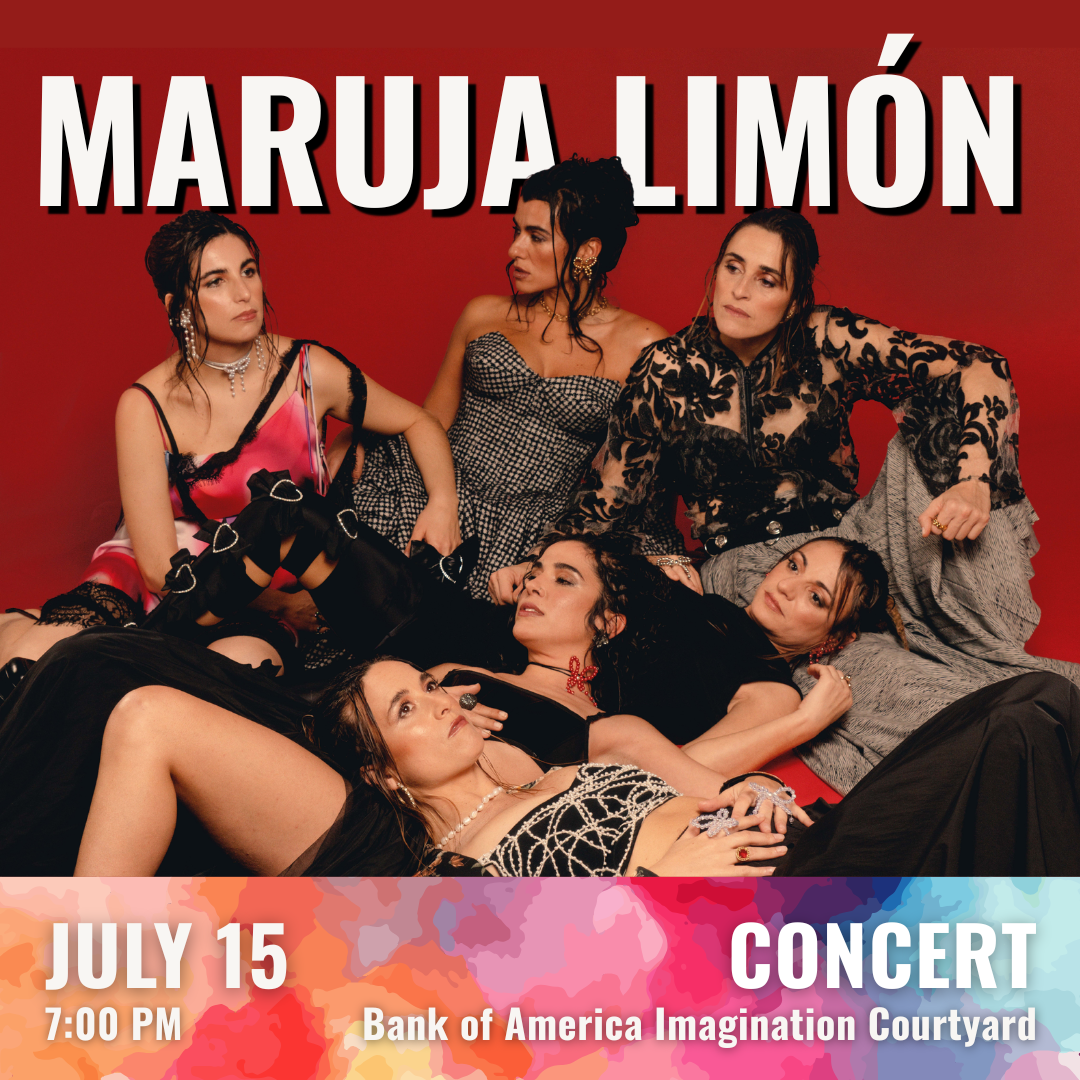 Promotional Image featuring a group of individuals posed together against a solid red background. The individuals are wearing patterned and textured garments in various dark and light colors, including lace-like fabrics, fitted tops, flowing skirts, and accessories such as earrings and necklaces. At the top, large white text reads “MARUJA LIMÓN.” At the bottom, over a multicolored watercolor-style band, white text reads “JULY 15  •  7:00 PM” on the left and “CONCERT  •  Bank of America Imagination Courtyard