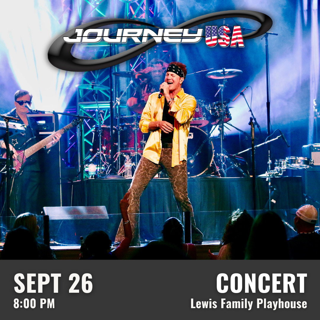Stage performance featuring a vocalist in a yellow jacket and patterned pants standing at the front of a brightly lit concert stage, with band members playing instruments in the background. Colorful lights and smoke effects illuminate the scene. The event details ‘Journey USA,’ ‘Sept 26, 8:00 PM,’ and ‘Concert – Lewis Family Playhouse’ are displayed at the bottom