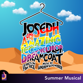 Joseph and the Amazing Technicolor Dreamcoat event graphic, blue sky with desert sand, a hanger with colored text spelling out the title