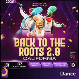 three men in traditonal bhangra garb dancing. text reads back to the roots 2.0
