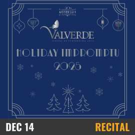 A blue background with delicate silver details framing the square image. silver etchings of christmas trees, ornaments and stars are visible. silver text reads Valverde Holiday Impromptu 2025