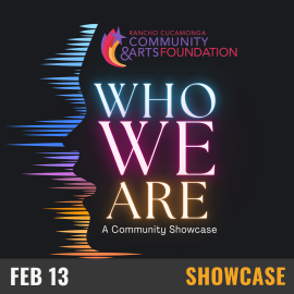 black background with blue, pink and yellow neon text that reads WHO WE ARE; a community showcase.