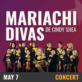 Promotional graphic for Mariachi Divas de Cindy Shea. Text reads: 'Mariachi Divas de Cindy Shea.' Image shows a large mariachi ensemble dressed in coordinated outfits with yellow neckties, holding a variety of traditional instruments including violins, trumpets, and guitars, posed against a gradient background. Event date displayed as May 7. Event labeled as concert.