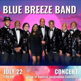 Promotional Image showing a group of individuals standing together in front of a vibrant background with a large pink sun and a blue‑purple sky. The individuals are dressed in coordinated formal attire featuring sequined jackets and bow ties, along with one individual wearing a dark lace-patterned outfit. At the top of the image, large white text reads “BLUE BREEZE BAND.” Along the bottom, over a multicolored watercolor-style band, white text reads “JULY 22 • 7:00 PM” on the left and “CONCERT • Bank of Amer