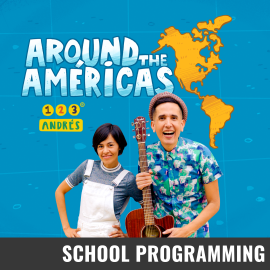 Promotional graphic for Around the Américas 123 Andrés. Text reads: “Around the Américas 123 Andrés.” Image shows: The background features a map-like illustration of North, Central, and South America in a warm golden-yellow tone, placed against a blue grid pattern resembling a world map. Two individuals are standing side by side. One person is wearing light-colored overalls. The other person is holding an acoustic guitar. Event labeled as School Programming.