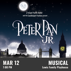 A promotional graphic for “Peter Pan Jr.” shows a nighttime sky with a full moon and stars above a silhouetted London skyline, including the dome of St. Paul’s Cathedral and a clock tower resembling Big Ben. The title “Peter Pan Jr.” appears prominently in large whimsical lettering. Above it, smaller text reads “Inland Pacific Ballet and the Candlelight Pavilion present.” At the bottom, a gray banner displays event details: “Mar 12, 7:00 PM” on the left and “Musical, Lewis Family Playhouse” on the right.